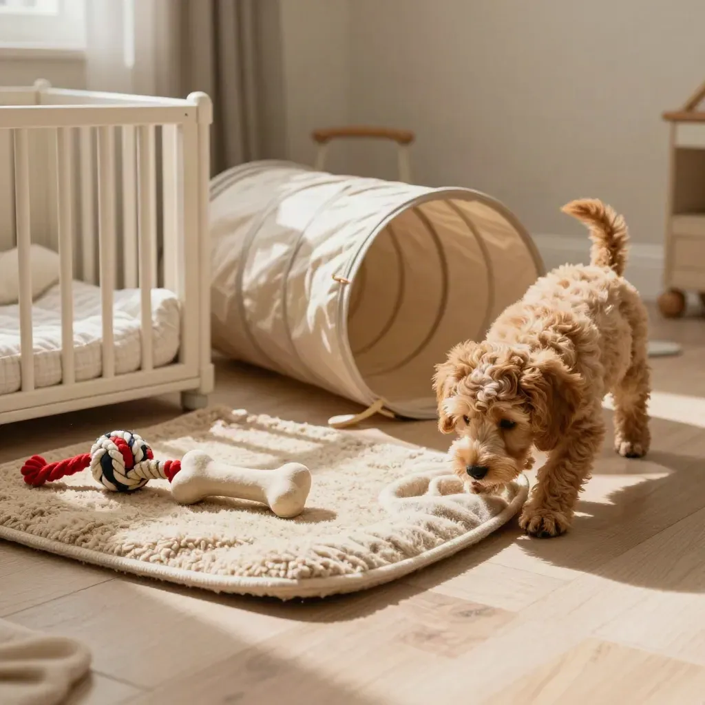 Puppy nursery corner with one pup in a tunnel and another nosing a snuffle mat