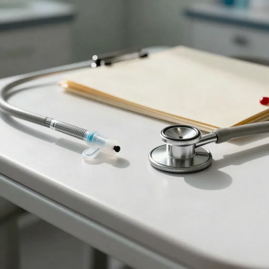 Macro of vet health-check tools on a clean exam table with a cream folder and stethoscope