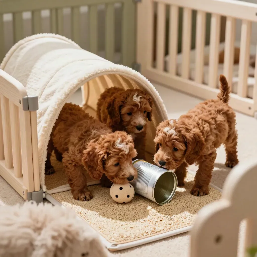 Three doodle pups play with a bell toy beside a crinkle tube in a puppy pen.