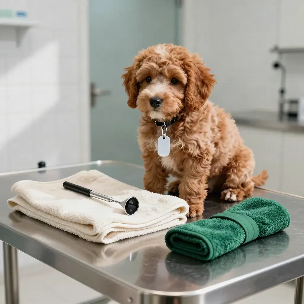 A red doodle puppy on a vet table beside check tools, towel, and a vaccination tag.