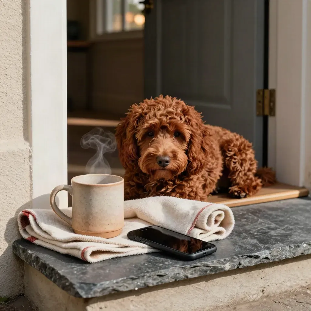 Steam rises from a mug beside a folded blanket and turned-off phone at a doorway.